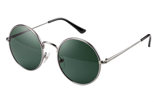 Round metal frame sunglasses with green tinted lenses, isolated on transparent background