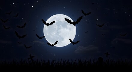 Fototapeta premium Night scene full moon illuminates bats flying over a graveyard with tombstones set against a dark starfilled sky