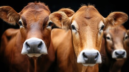 Close-up of brown cows with large eyes and white markings on their noses in a farm setting