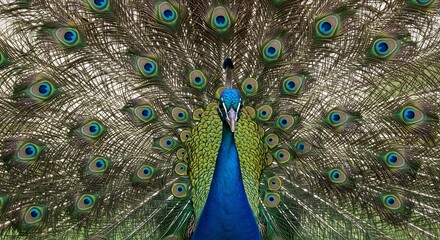 Obraz premium Majestic peacock displays vibrant iridescent plumage in soft sunlight. AI Generated
