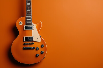 Fototapeta premium Abstract background with copy space, close-up of an electric guitar on an orange-brown color background.