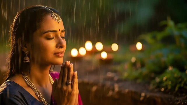 Diwali prayer in rain a serene woman in traditional attire offers diwali prayers embodying faith hope hariyali kajari hartalika teej