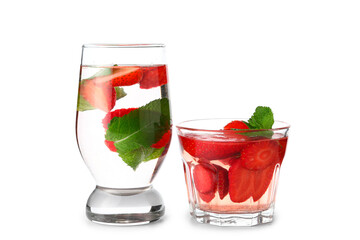 Glass of infused water with strawberry and mint on white background