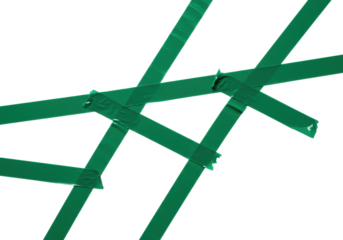 Vibrant emerald green hand-torn adhesive strips, subtle creases, flat lay on transparent background with soft studio light and shadows, forming abstract leading lines. Concept of strategic