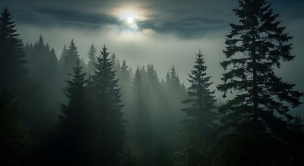 Misty forest at twilight with ethereal sunlight breaking through the dense evergreen trees