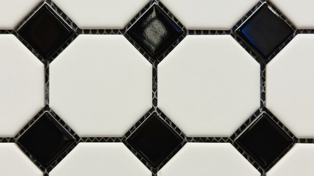 Contrasting geometric pattern of white octagonal tiles and black squares — stylish solution for product photography, café interiors, bathrooms, flatlay backgrounds, and advertising mockups