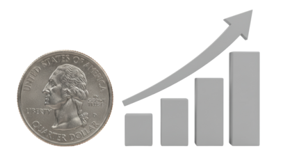 Isolated Quarter Dollar Coin and Rising Bar Chart with Arrow, Symbolizing Financial Growth