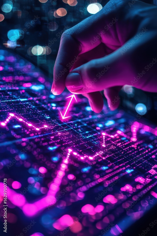 Wall mural hand pointing at a glowing digital graph on a futuristic screen display