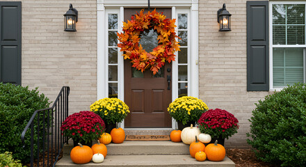 A welcoming front porch of a brick home decorated for autumn with a colorful fall wreath, pumpkins, and chrysanthemums.
