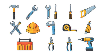 A collection of colorful cartoon icons of construction and repair tools like a hammer, drill, and saw.