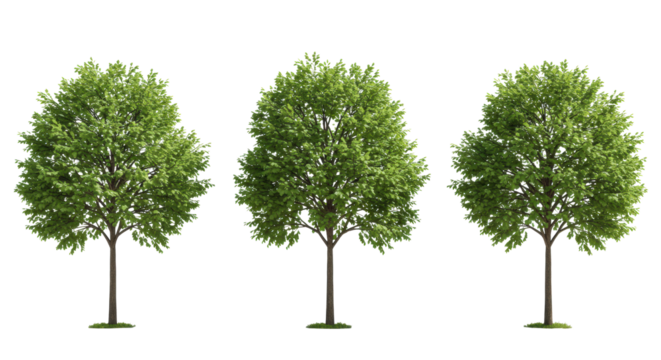Three distinct healthy deciduous trees with vibrant green foliage and sturdy brown trunks, in a clean studio with light grey ground and white background. Concept of corporate strategic growth