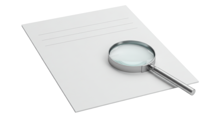 Isolated Magnifying Glass on a Blank Document, Symbolizing Research, Analysis, and Scrutiny