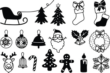 Collection of festive christmas icons and illustrations in black and white