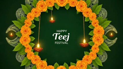 Festive teej celebration backdrop with marigold garland oil lamps intricate paisley symbolizing joy tradition hariyali kajari hartalika diwali