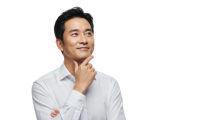 Diverse professional, late 30s-40s, smart-casual shirt, subtle watch, thoughtful gaze, hand near chin, transparent studio. Concept of innovation and strategic thinking