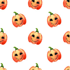 Halloween seamless pattern. Hand drawn watercolor illustration of funny smiling pumpkin Jack. Art element for design.