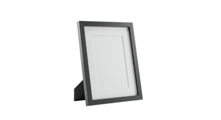 Solitary dark grey/black polished wood picture frame with wide white mat, empty, on a transparent studio background with ample copy space, professional design placeholder concept