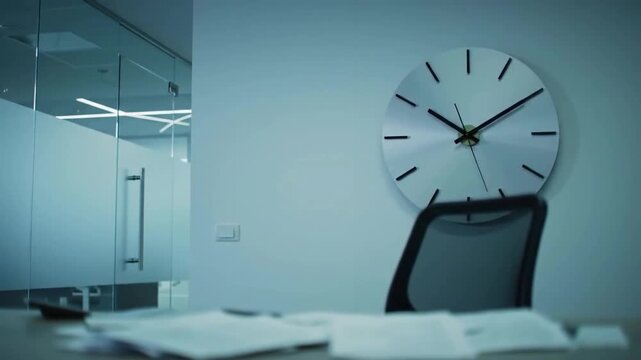 Modern office interior with a large clock, papers scattered on the desk, and glass walls