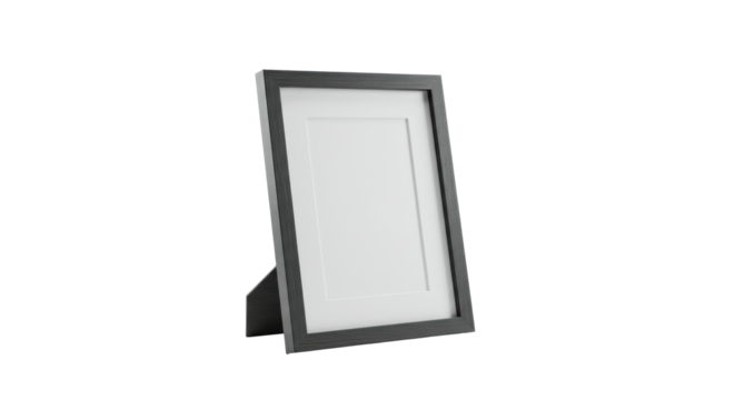 Solitary dark grey/black polished wood picture frame with wide white mat, empty, on a transparent studio background with ample copy space, professional design placeholder concept