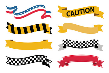 Collection of Eight Varied Ribbon Banners Patriotic Caution Racing and Blank Designs
