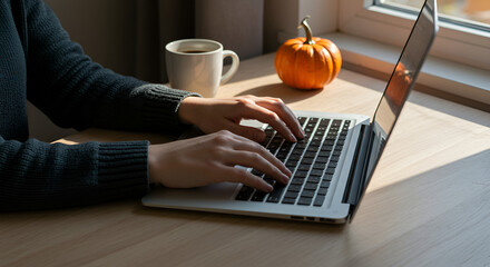 Cozy autumn work from home scene with a person typing on a laptop next to a warm drink and a pumpkin by the window.
