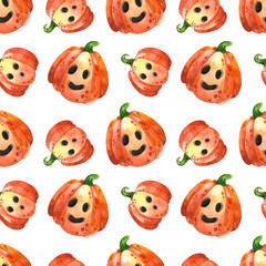 Halloween seamless pattern. Watercolor funny and friendly pumpkin Jack. Hand drawn illustration. Art element for design.