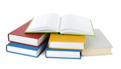Stack of Colorful Books with Open Green Book on White Background