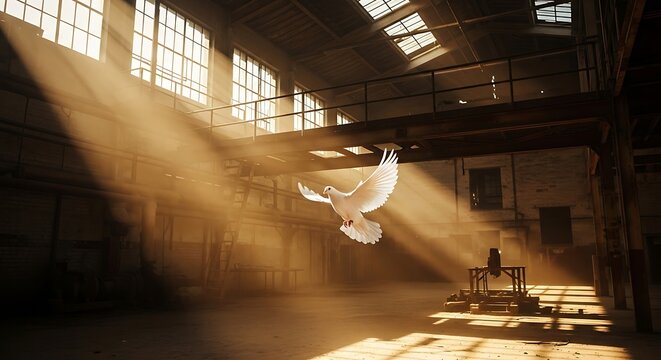 Graceful acrobat suspended mid air bathed in dramatic sunbeams within an industrial loft