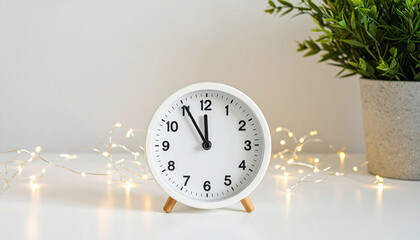 Minimalist White Wall Clock with Black Numbers and Hands, Set Against a Bright Background with Fairy Lights and a Potted Green Plant for a Cozy Atmosphere