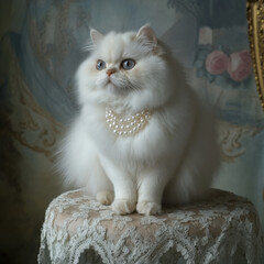 Fototapeta premium Persian cat wearing a tiny pearl necklace, sitting on a lace-covered stool, classic and refined, UHD 8K 