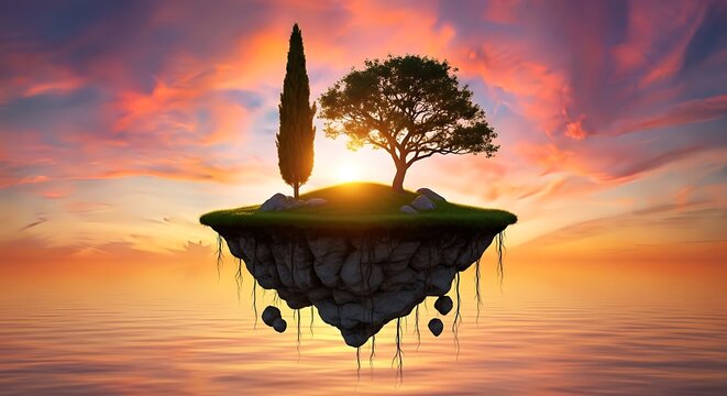 Enchanting floating island with two distinct trees at sunset over calm water - Powered by Adobe