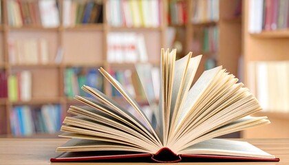 Fototapeta premium Open Book with Red Cover on Wooden Table in Library, Knowledge and Learning Concept
