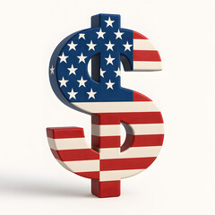 Patriotic 3D illustration of the American dollar sign with a flag and a heart on a map of the United States