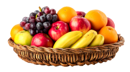 Colorful fruit basket with various fruits on a transparent background