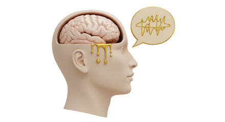 Isolated Human Brain with Golden Dripping Liquid and Speech Bubble, Symbolizing Creative Thoughts and Ideas Flow