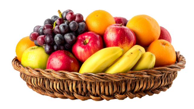 Colorful fruit basket with various fruits on a transparent background