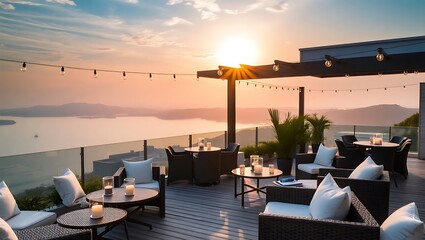Fototapeta premium Golden hour luxury terrace, soft lighting, elegant décor, scenic background
