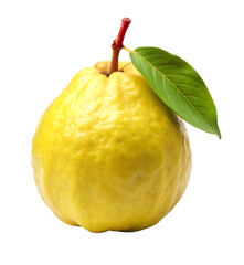 Ripe yellow guava fruit with green leaf isolated on transparent background