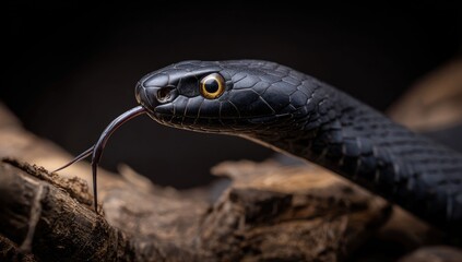 Fototapeta premium Close-up of a black snake on driftwood