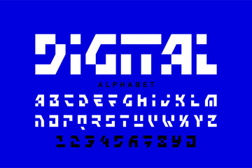 Digital pixel style font, alphabet letters and numbers vector illustration