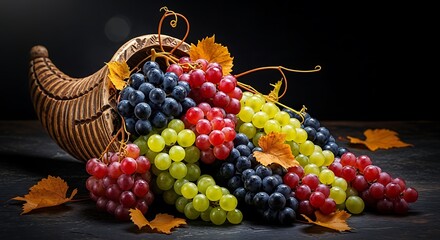 Abundant harvest of mixed grapes overflowing from a cornucopia basket