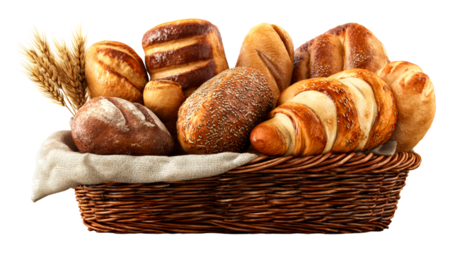 Assorted fresh baked breads in a woven basket with wheat