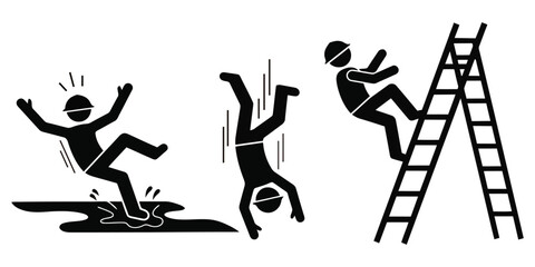 Stick Figures Falling From Ladder And Slipping On Wet Surface