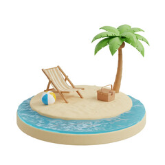 Cartoon style beach island scene with beach chair palm tree and beach ball for summer holidays travel tourist advertisement vacation mood images