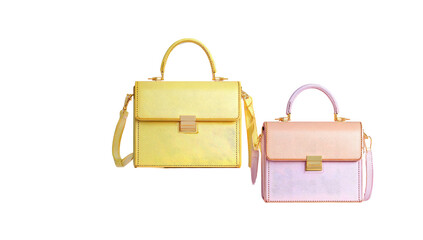 Two pastel-colored handbags, one yellow, one pink-tan, feature a structured design with top handles and a shoulder strap.  The material appears glossy and smooth