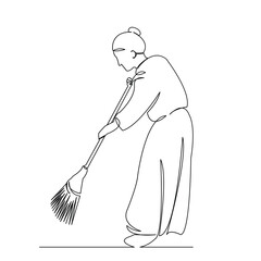 One continuous single drawing line art flat doodle sweeping, elderly, floor, cleaner, woman, old, adult. Isolated image hand draw contour on a white background
