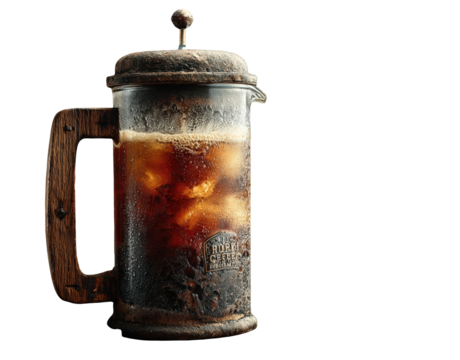 French press iced coffee, isolated on transparent background, showcasing the brewing process and the refreshing result, with visible ice cubes and condensation on the glass, and a rustic wooden handle