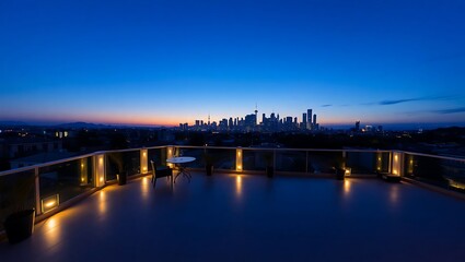 Fototapeta premium Glamorous house terrace during blue hour, skyline backdrop, soft lighting