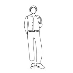 One continuous single drawing line art flat doodle girl, coffee, beautiful, cup, beauty, drink, tea. Isolated image hand draw contour on a white background
