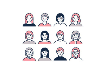 ピンク系の女性のイラスト、アイコンセット